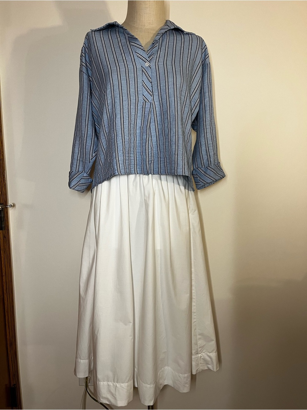Light Blue Striped V-Neck Button-Front Blouse
